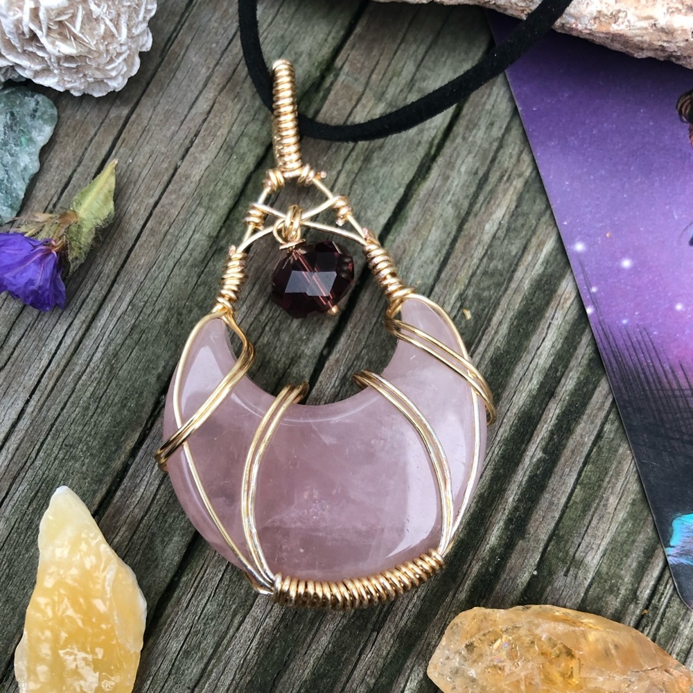 Wire Wrapped Rose Quartz Crescent Moon Crystal Necklace